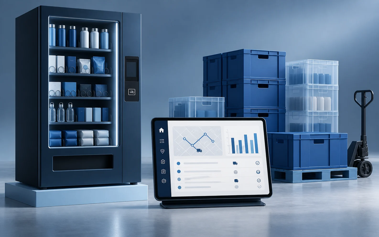Vending machine, warehouse stock and an operations interface concept