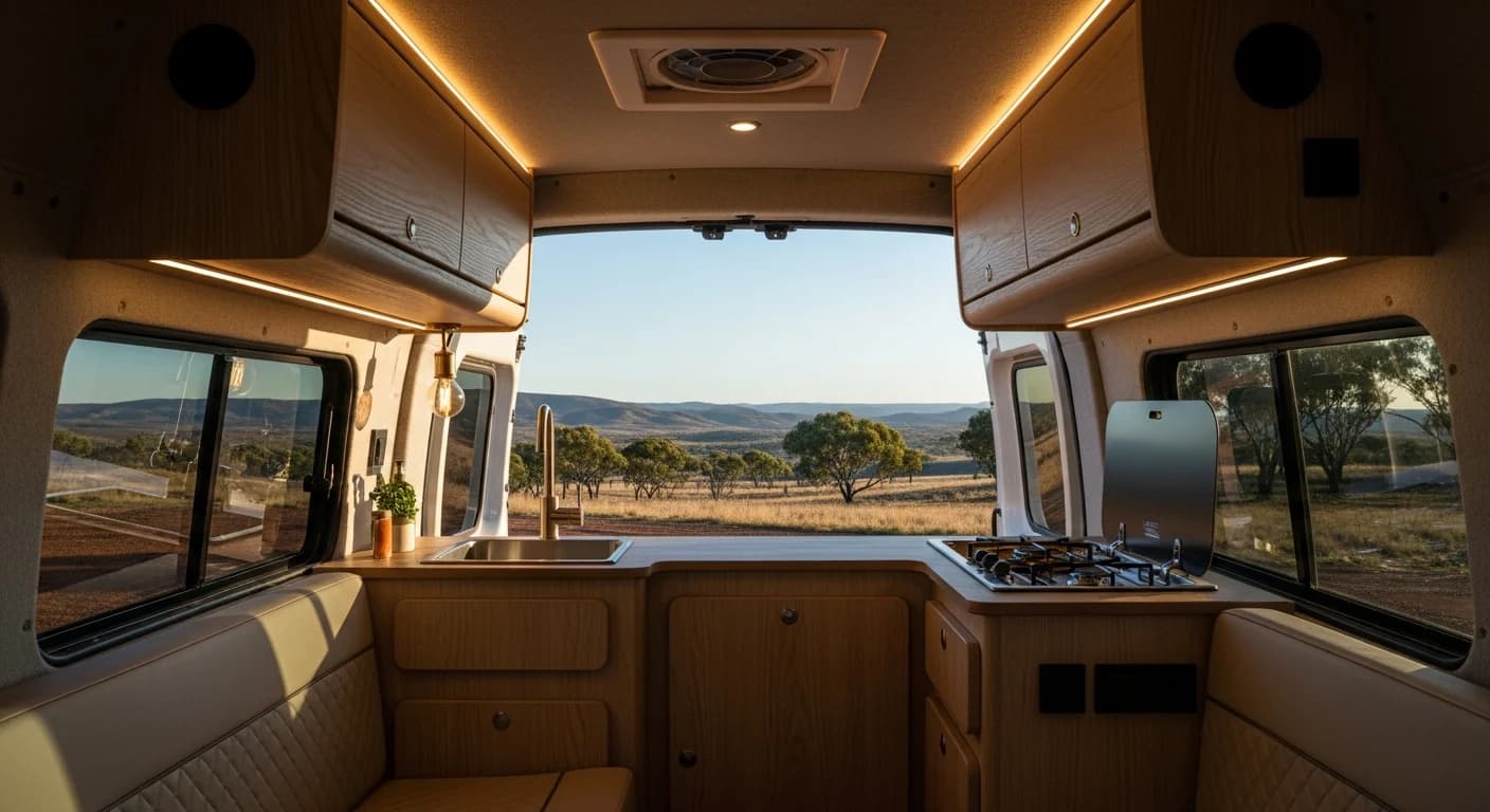 Warm timber interior of a camper van