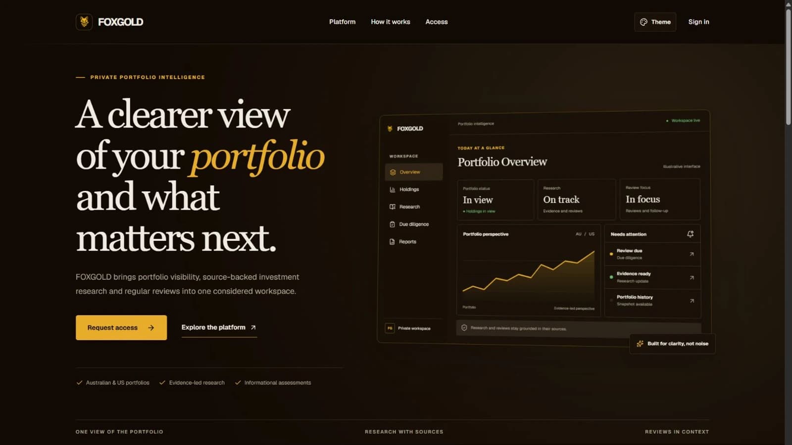 Foxgold landing page in dark mode with an illustrative portfolio workspace